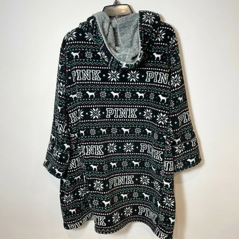 Victoria's Secret PINK Reversible Robe Black XS Hooded Plush Fair Isle‎ Fleece